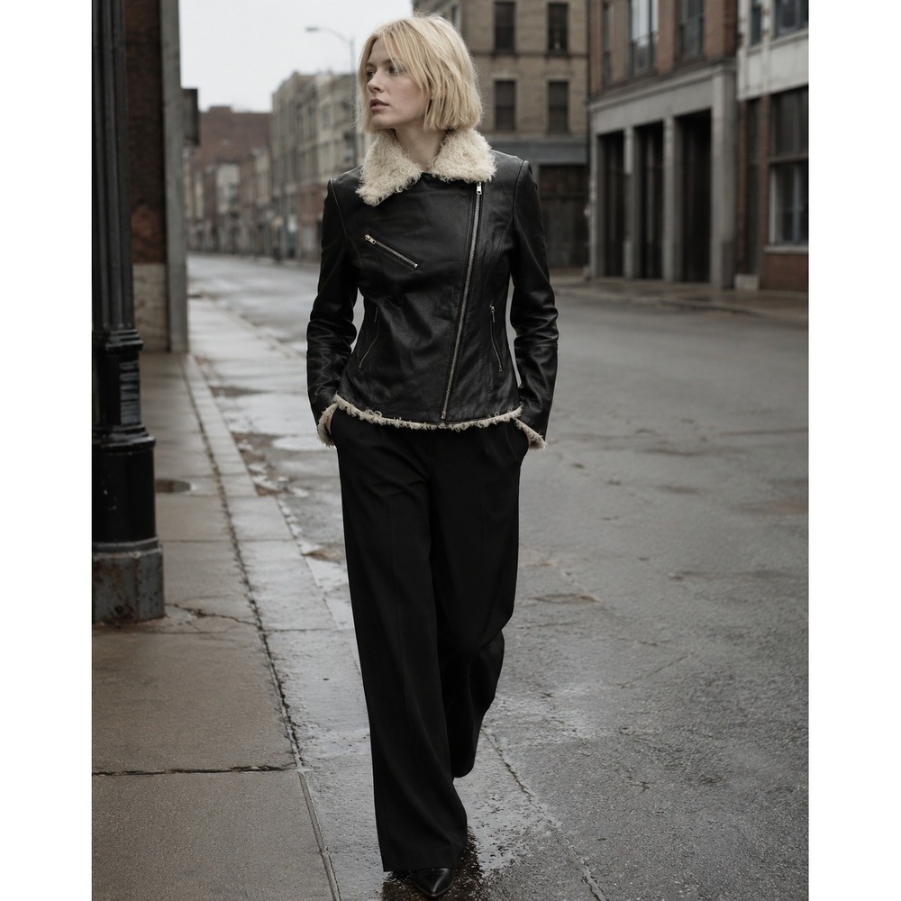 Wilsons Leather Pelle Studio Black Moto Jacket Faux Shearling Trim Womens L